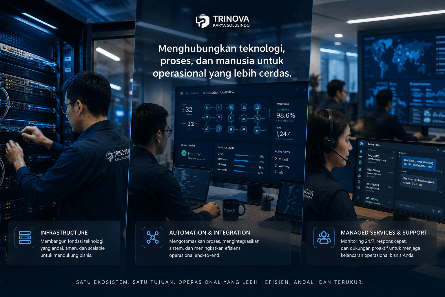 Tim Trinova menangani infrastruktur, automation monitoring, dan managed support untuk operasional enterprise